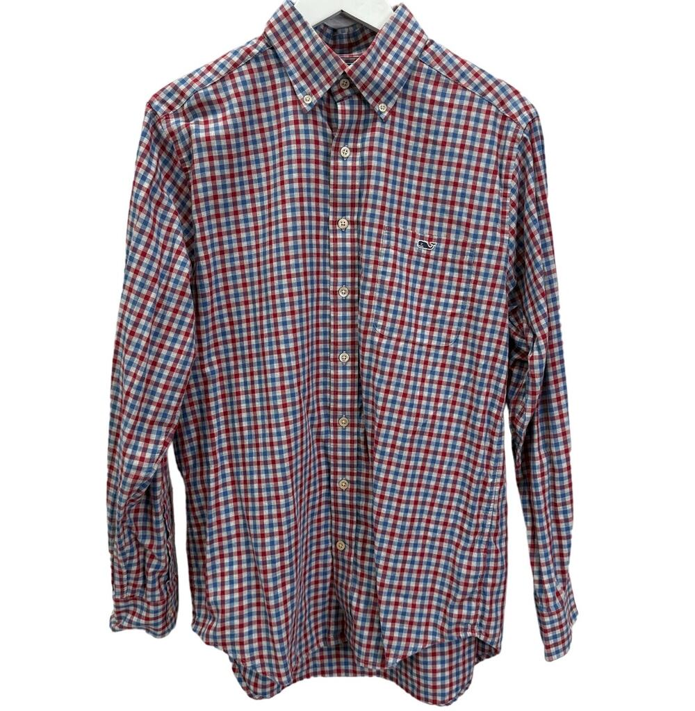 Vineyard Vines Mens Gingham Plaid Long Sleeve Tucker Shirt Size M Red Blue Slim
